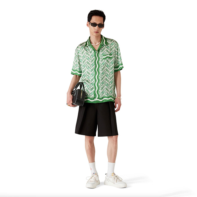 casablanca green monogram print silk short sleeve shirt